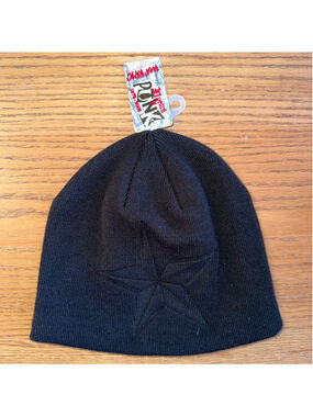 NOS Vintage Y2K Hot Topic Nautical Star Stamped Black Knit Beanie Cap Hat